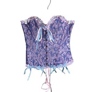 women's satin lace up overbust bustier corset small purple brocade ribbon